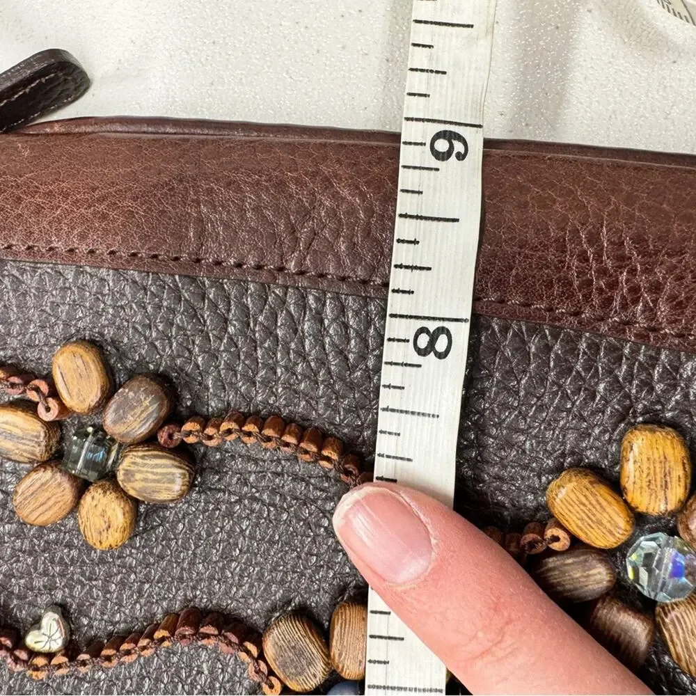 Brighton Vintage Brown Leather Wood Beaded Crossbody Handbag Purse Boho Bag